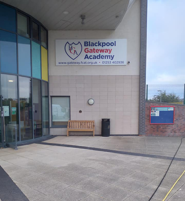 Blackpool Gateway Academy paving pressure washing before picture showing gateway steps by revive-a-drive lancashire operating in blackpool, preston, poulton, the surrounding area and beyond - small